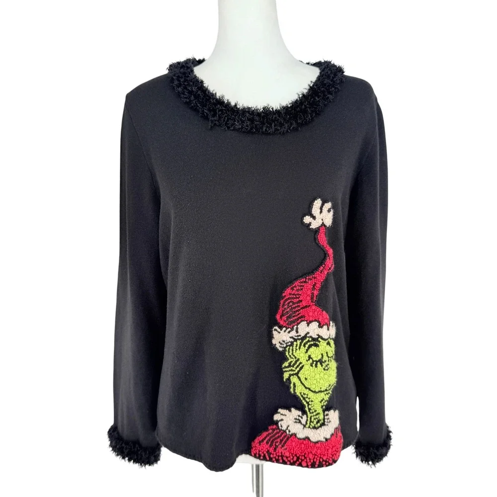 Michael Simon Dr Seuss Grinch Christmas Sweater Black Eyelash Trim Womens L